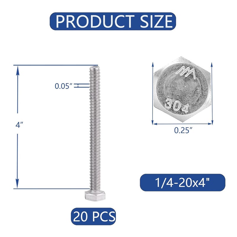 JROUTH 1/4-20 x4 Hex Head Screw Bolt(20PCS), Lock Nuts,Flat & Lock Washers Kits,304 Stainless Steel 18-8,Fully Threaded - Image 2